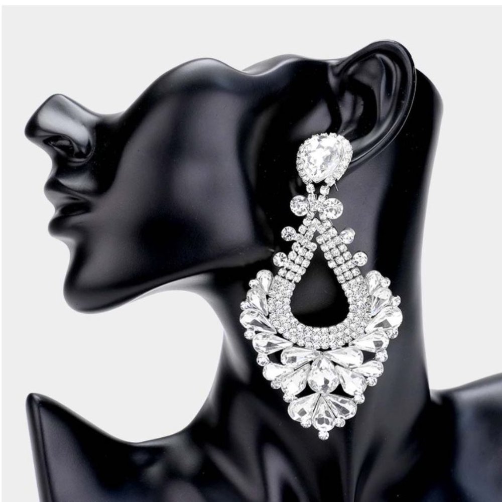 Silver Clear Crystal Rhinestone Bling Wedding Pageant Prom Evening Pear Dangle